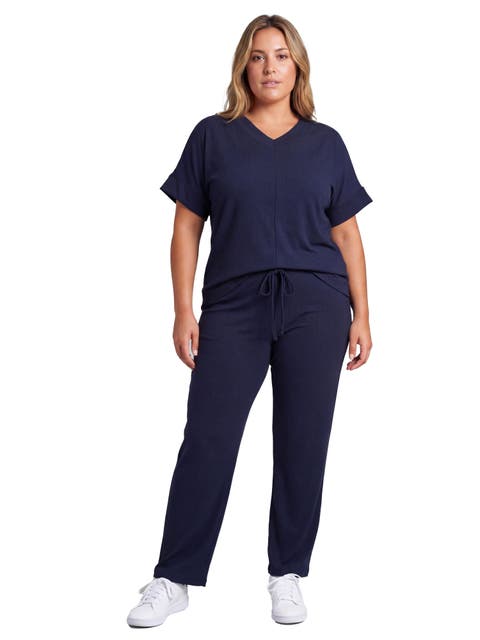 Curvy Basic Ribbed Knit Dolman Sleeve V-Neck Top and Drawstring Wide Leg Pant Set