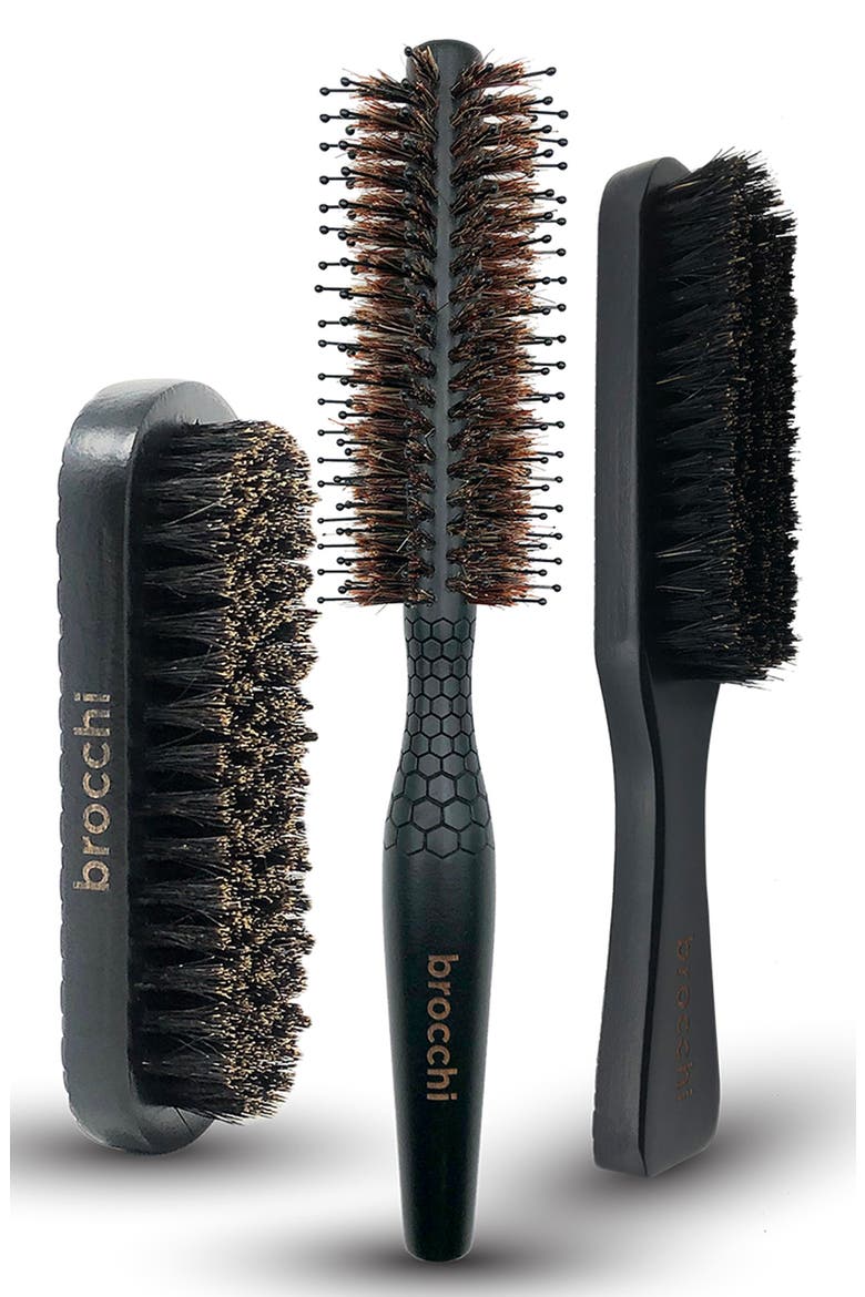 3-Piece Boar Bristle Brush Set, Main, color, BLACK
