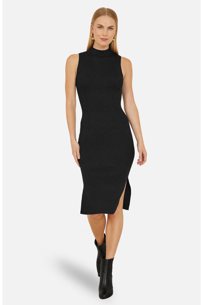 Fitted Side-Slit High-Neck Midi Dress, Main, color, Black