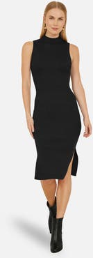 Yumi Fitted Side-Slit High-Neck Midi Dress