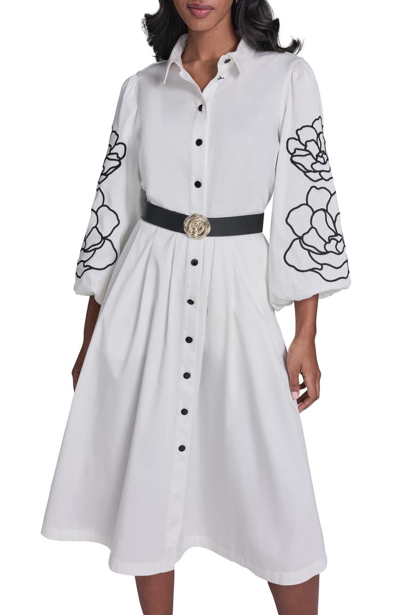 KARL LAGERFELD PARIS Floral Stitch Belted Midi Dress, Alternate, color, Soft White