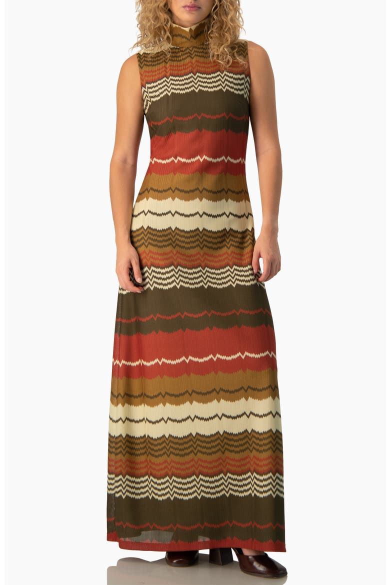 Colorblock Zigzag Knit Mock-Neck Sleeveless Maxi Dress, Main, color, Bone