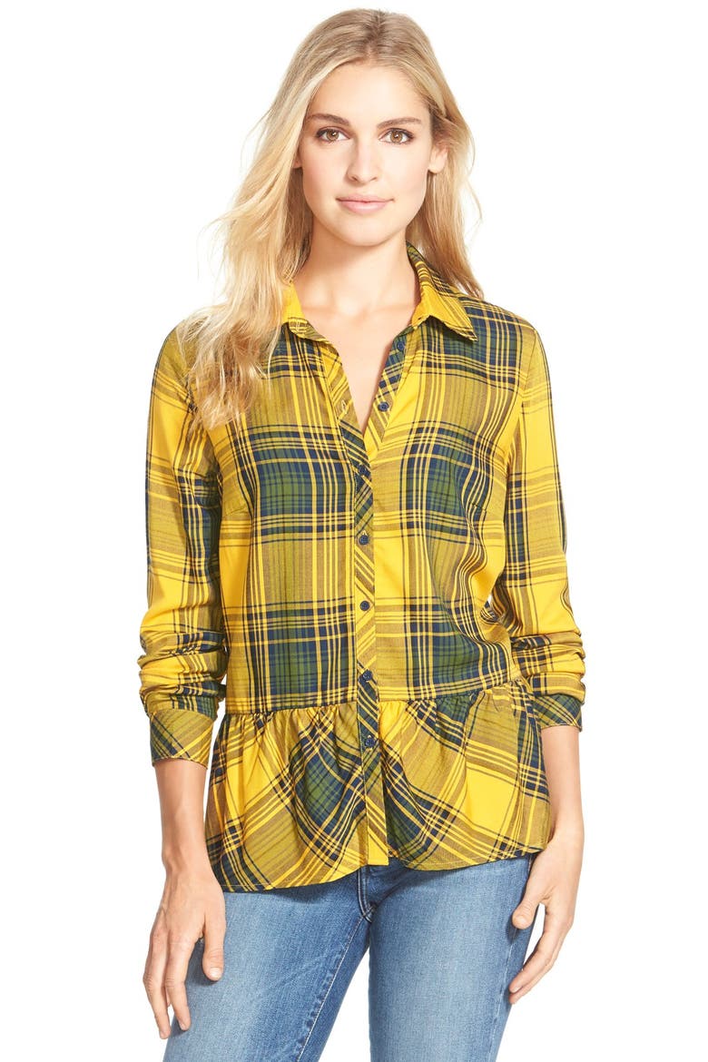 Ruffle Hem Plaid Shirt, Main, color, HARVEST GOLD
