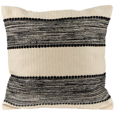 20" Black and Cream Textured Block Handloom Woven Outdoor Square Throw Pillow