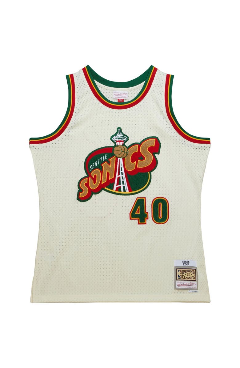 Mitchell & Ness Men's Mitchell & Ness Shawn Kemp Cream Seattle SuperSonics Chainstitch Swingman Jersey, Alternate, color, 