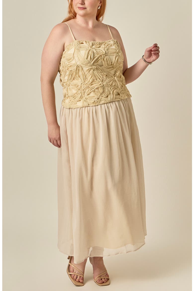 Mixed Media Appliqué Maxi Dress, Alternate, color, BEIGE