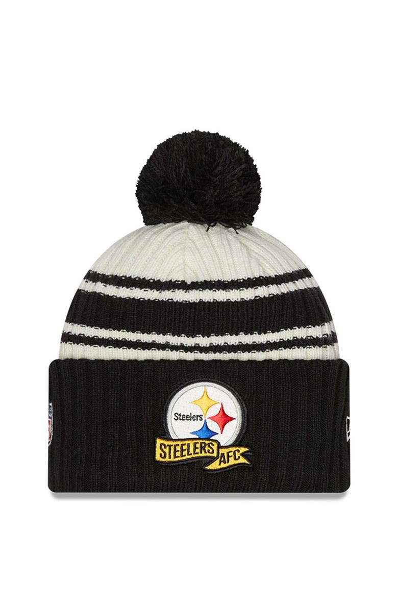 New Era Youth New Era Cream/Black Pittsburgh Steelers 2022 Sideline Sport Cuffed Pom Knit Hat, Main, color,