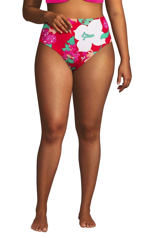 Lands' End Ribbed Smoothing High Waisted Bikini Bottoms In Coral Rose Lilies