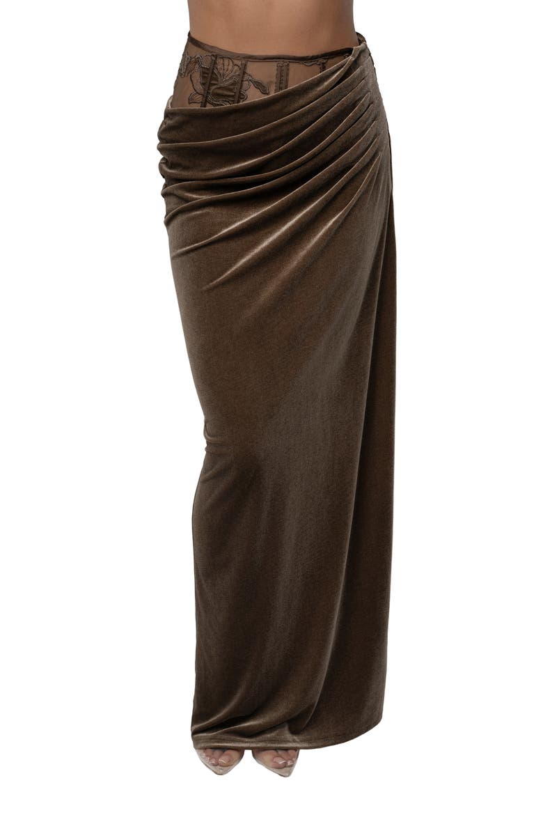 Velvet & Lace Maxi Skirt, Main, color, BROWN