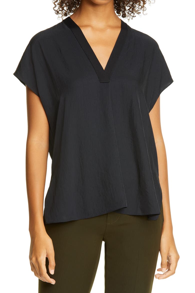 Rib Trim V-Neck Top, Main, color, BLACK