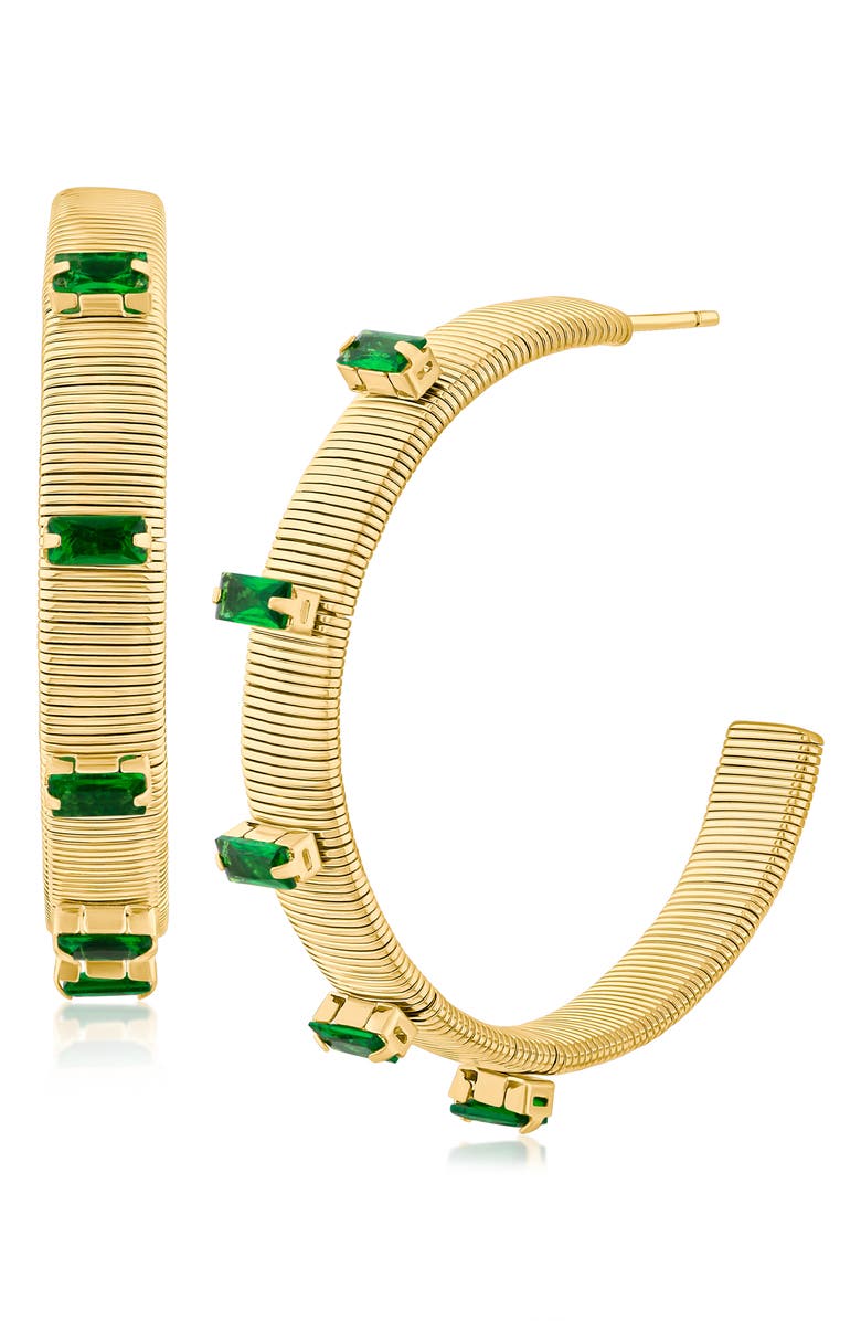 CZ by Kenneth Jay Lane Emerald Cubic Zirconia Glam Hoop Earrings, Main, color, Green/ Gold