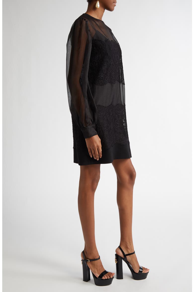 Lace Paneled Long Sleeve Sheer Silk Blend Organza Dress, Alternate, color, N0000 NERO