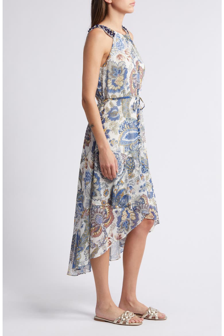 Allison Floral Beaded Belted High-Low Sleeveless Dress, Alternate, color, BLUE/ IVORY MULTI