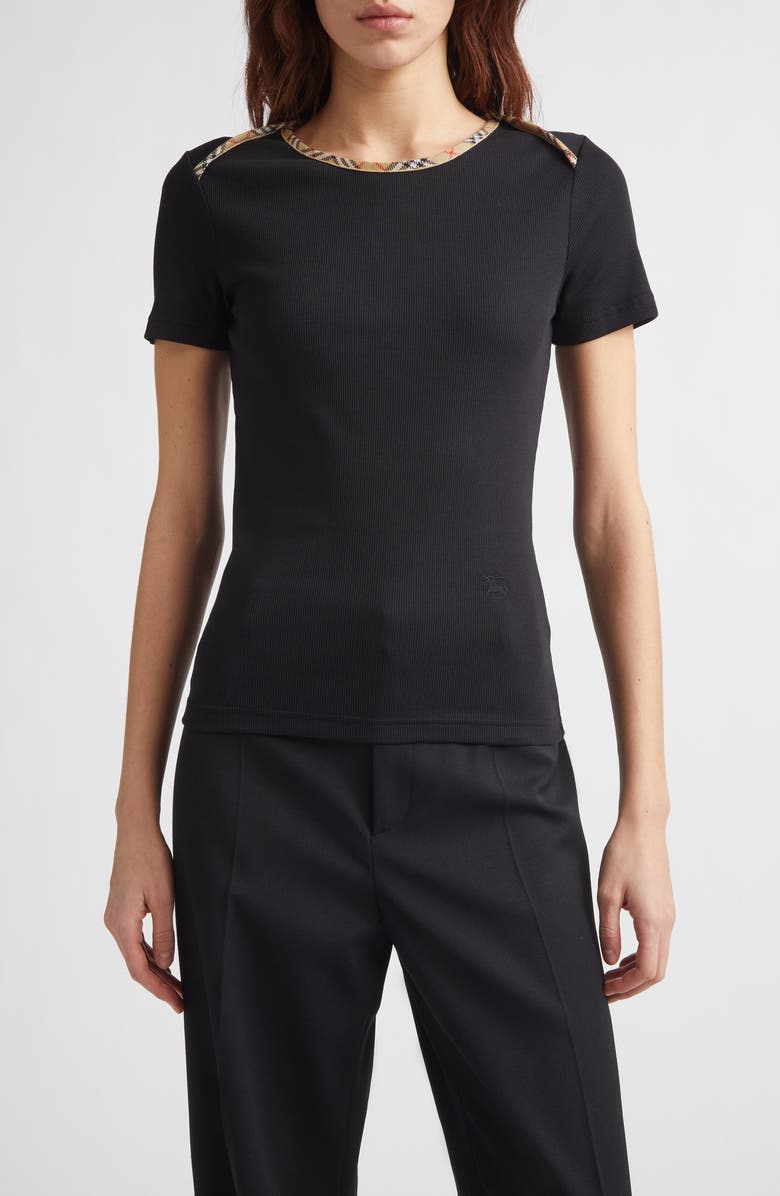 Burberry Stephanie Slim Fit Check Trim Stretch Cotton Rib T-Shirt, Main, color, 