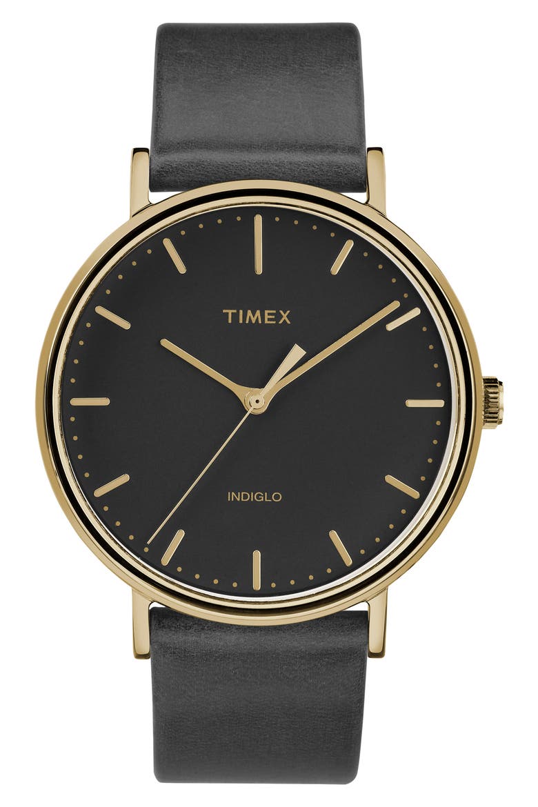 Fairfield Leather Strap Watch, 41mm, Main, color, BLACK/ GOLD
