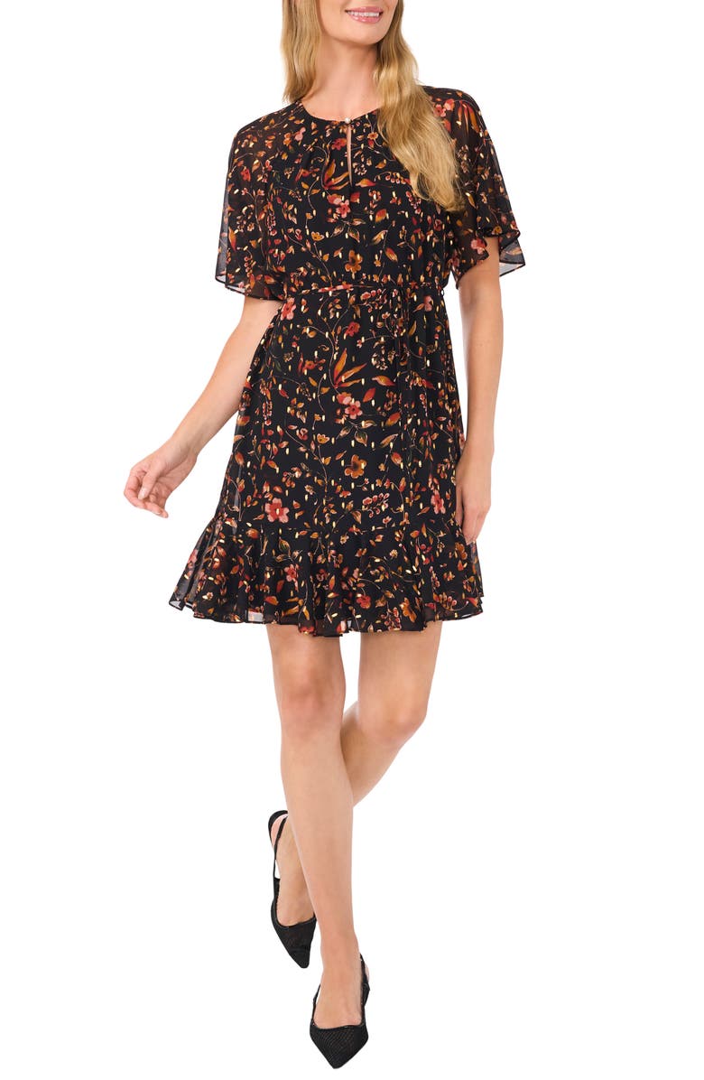 CeCe Floral Print Tie Waist Minidress, Main, color, 