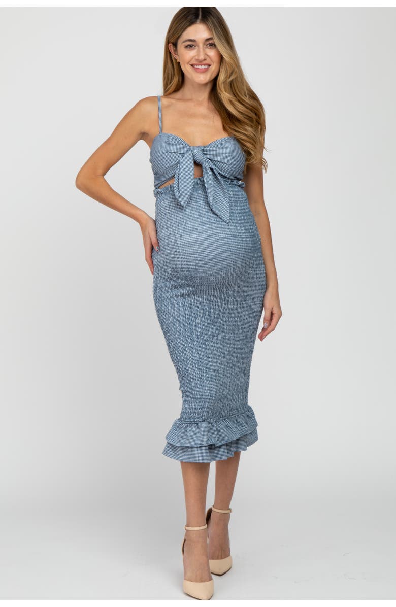 PinkBlush Gingham Print Smocked Fitted Self-Tie Midi Dress, Main, color, Blue