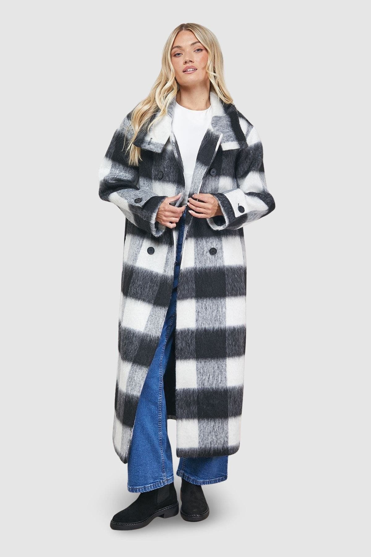 Brushed Check Funnel Neck Coat - image 2