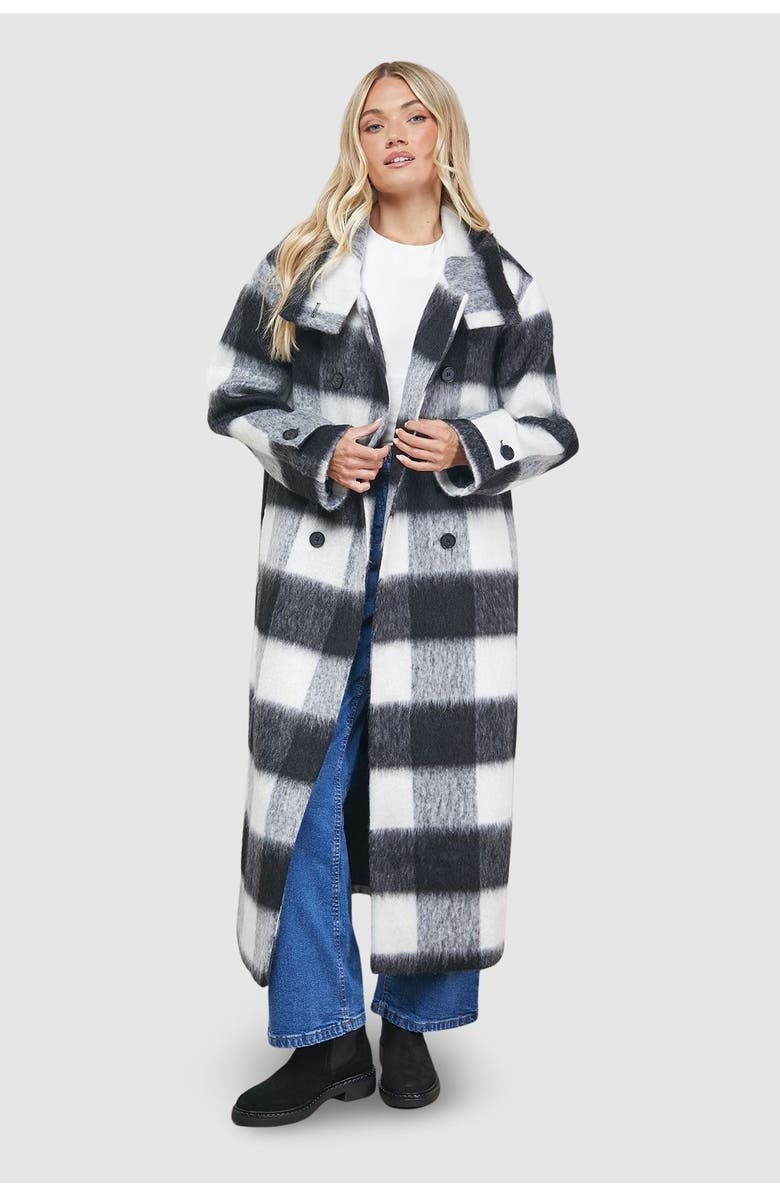 Oasis Brushed Check Funnel Neck Coat, Alternate, color, Black