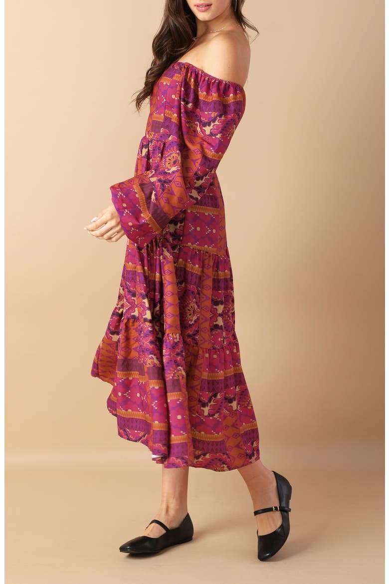 Off the Shoulder Long Sleeve Tiered Midi Dress, Alternate, color, MAGENTA