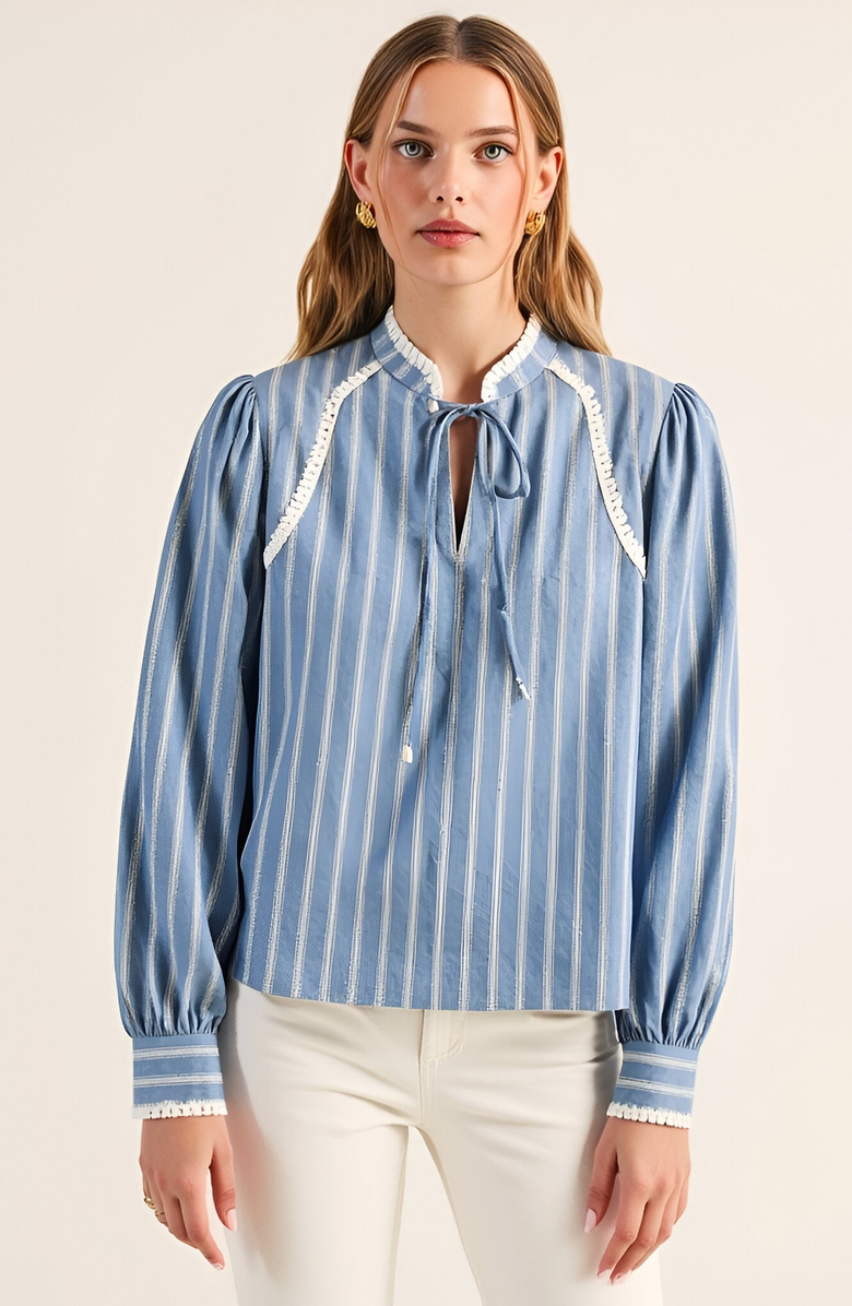 Modenaire Striped Long Sleeve Blouse with Tie Neckline and Lace Trim Details, Main, color, 