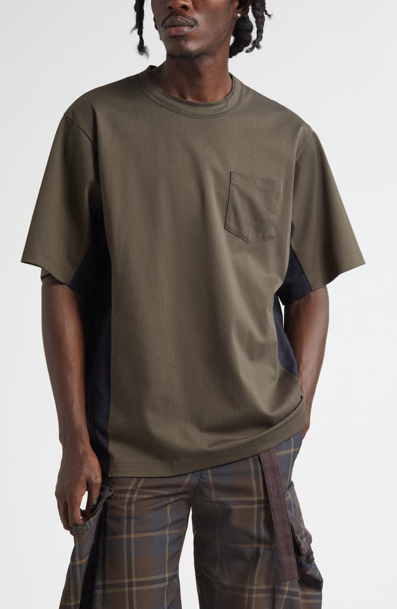 Sacai Suiting Mixed Media Pocket T-Shirt, Main, color, Khaki/ Navy