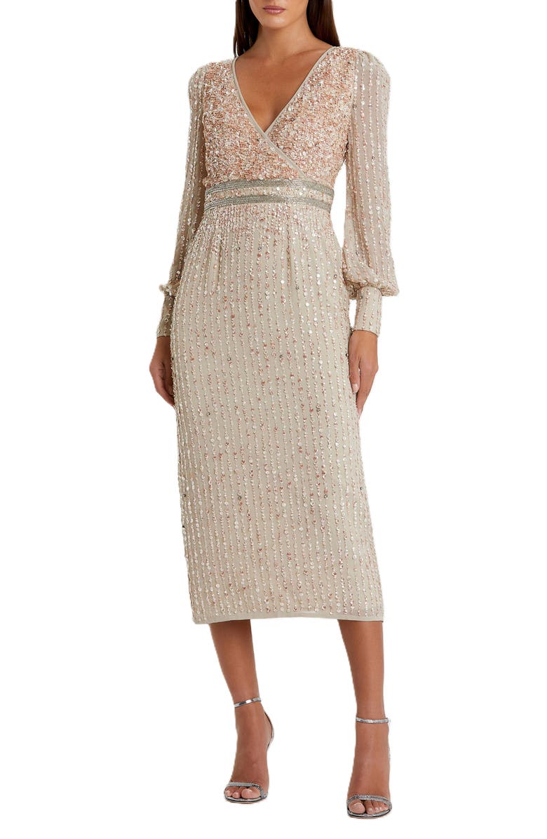 Mac Duggal V-Neck Sequined Overlay Gown with Long Bishop Sleeves and Embellished Waist, Main, color, Nude