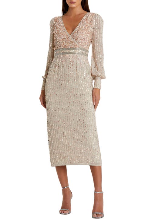 V-Neck Sequined Overlay Gown with Long Bishop Sleeves and Embellished Waist