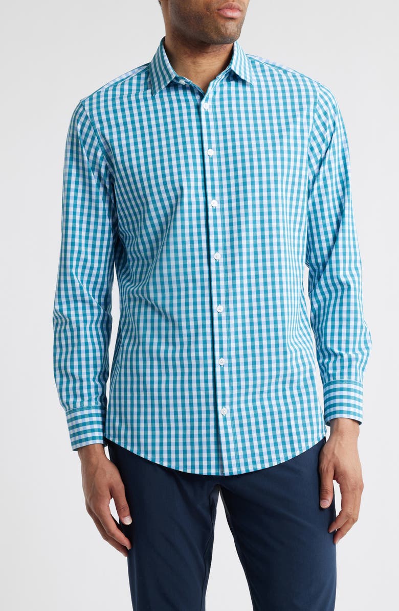 Mizzen+Main Leeward Trim Fit Gingham Stretch Button-Up Shirt, Main, color, Teal Madison Check
