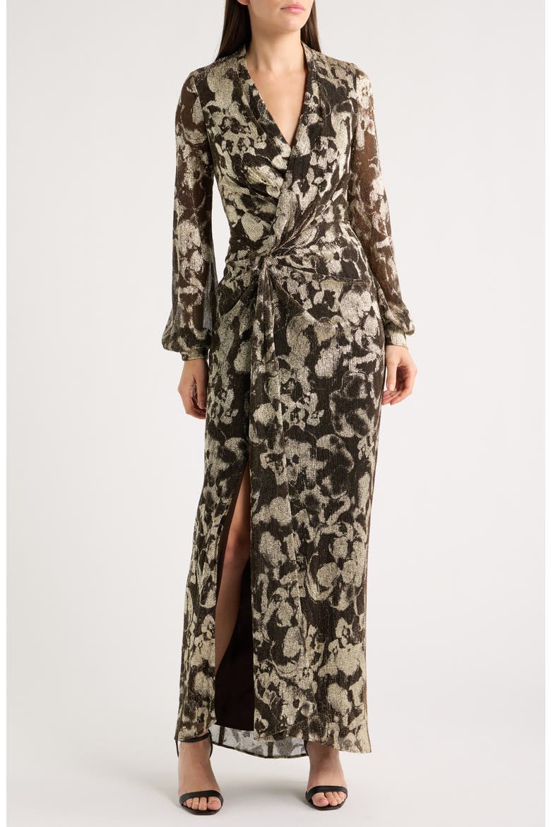 V-Neck Crinkle Metallic Floral Dress, Main, color, BROWN/ GOLD