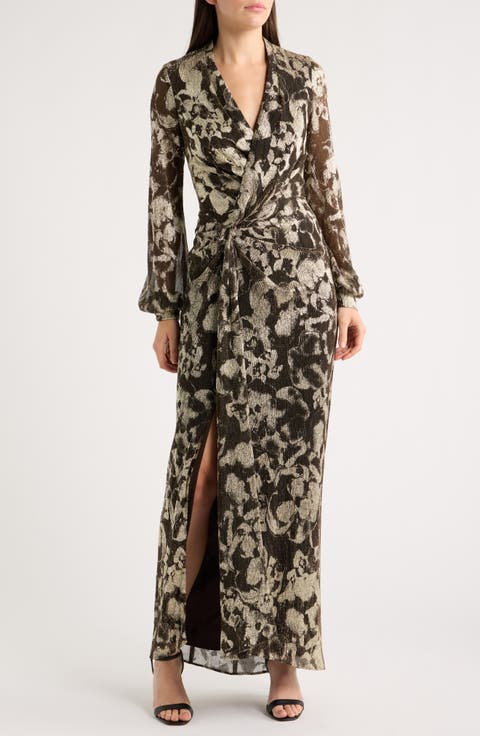 V-Neck Crinkle Metallic Floral Dress