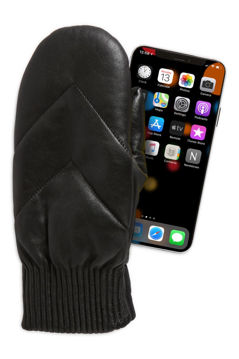 Quilted Leather Puffer Mitten, Alternate, color, BLACK