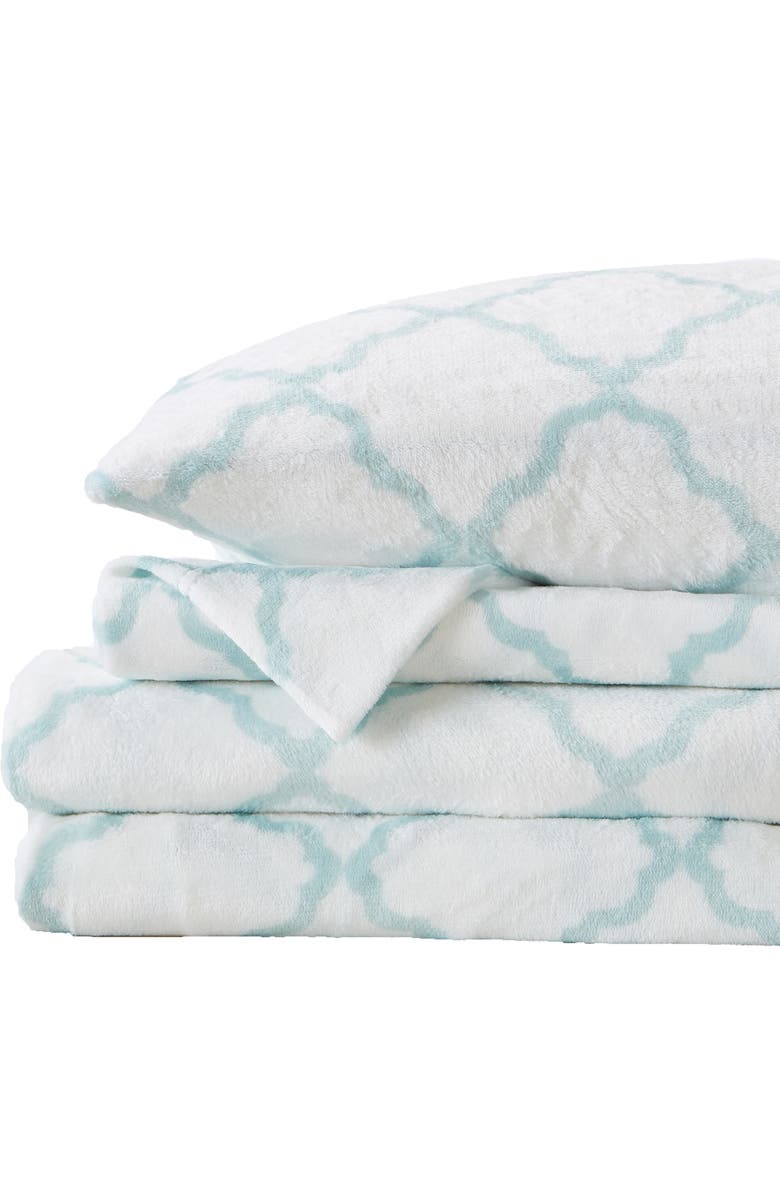 Woven & Weft Printed Plush Velour Sheet Set, Alternate, color, Lattice - White / Blue
