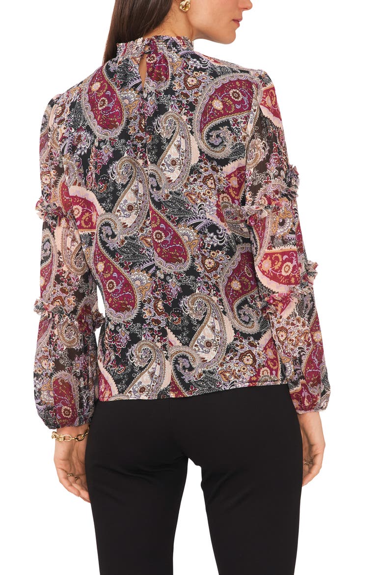 Paisley Ruffle Sleeve Mock Neck Blouse, Alternate, color, BLACK PLUM LAVENDAR