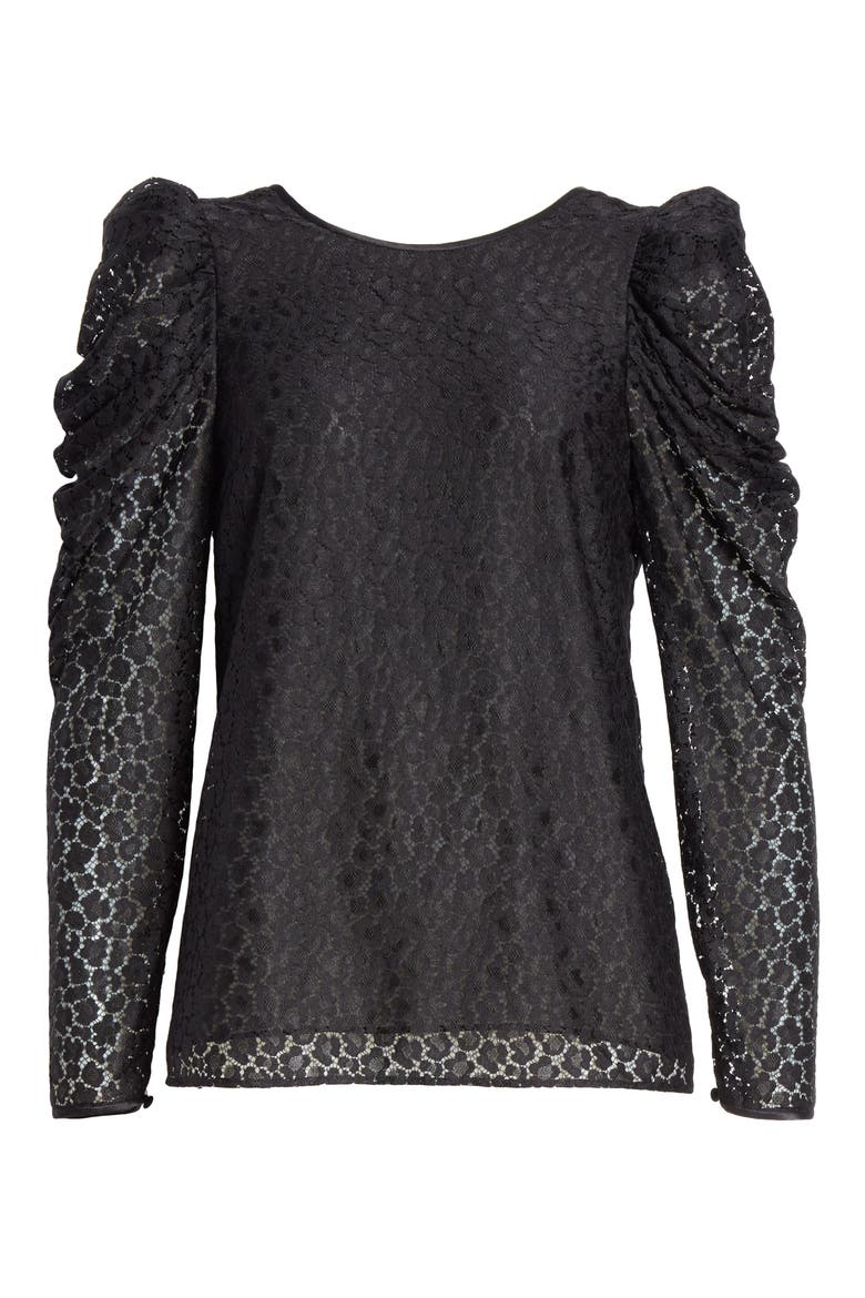 flora leopard lace puff long sleeve blouse, Alternate, color, BLACK