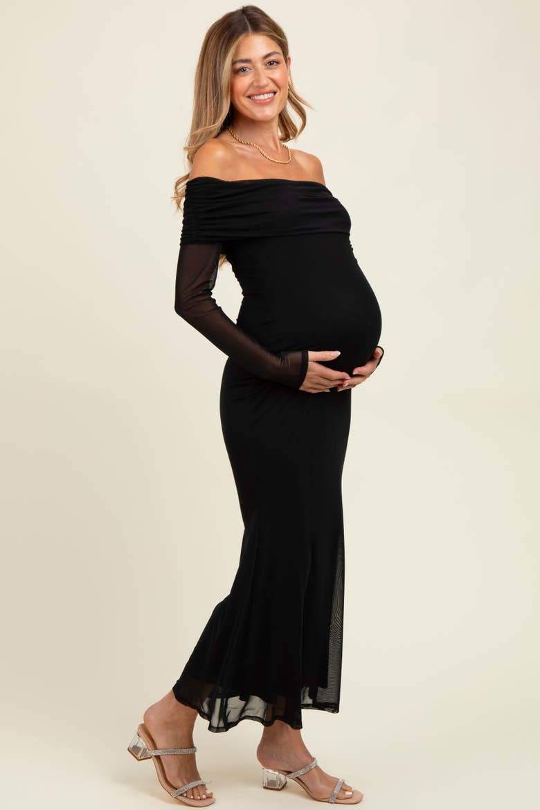 Mesh Overlay Off Shoulder Long Sleeve Midi Dress, Alternate, color, Black