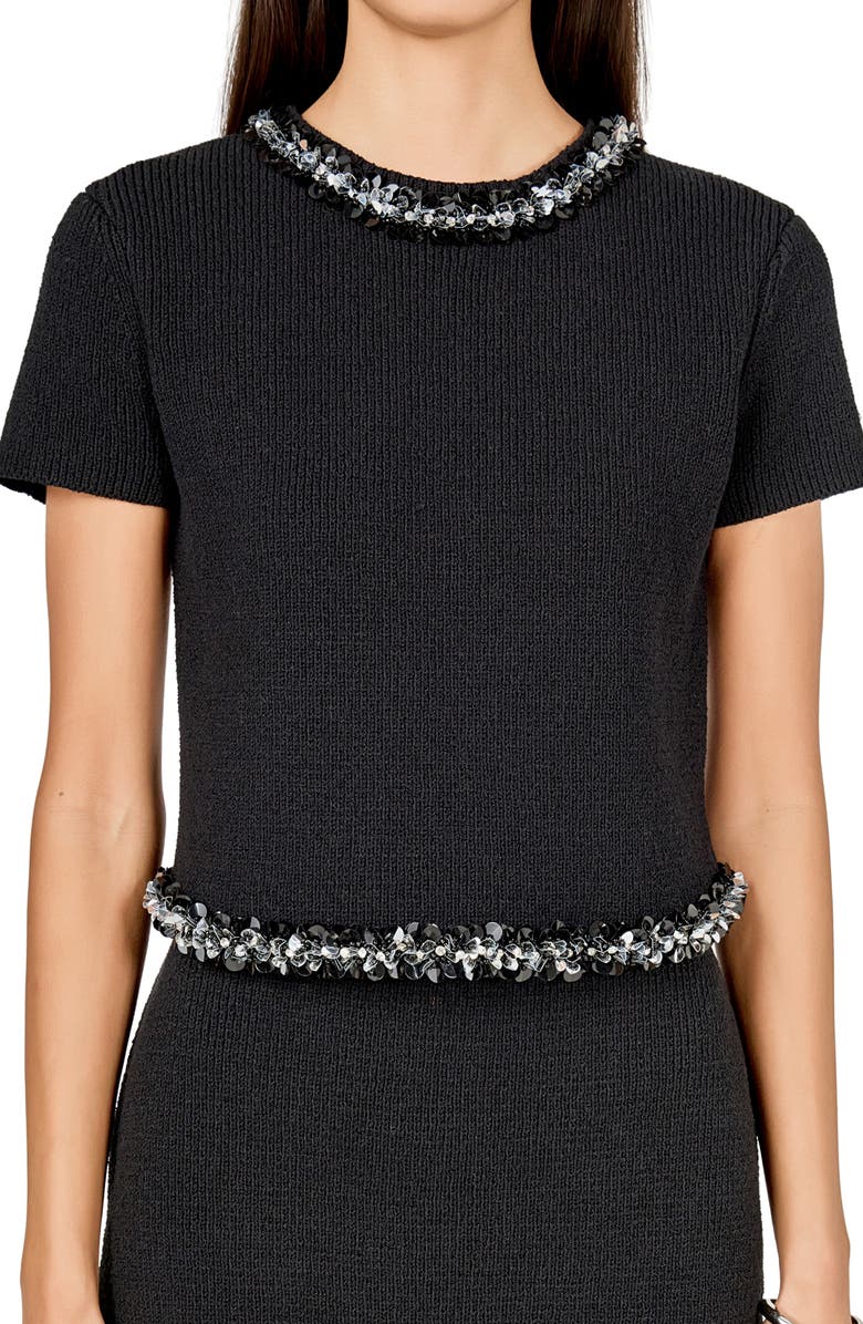 Endless Rose Jewel Trim Short Sleeve Sweater, Alternate, color, Black