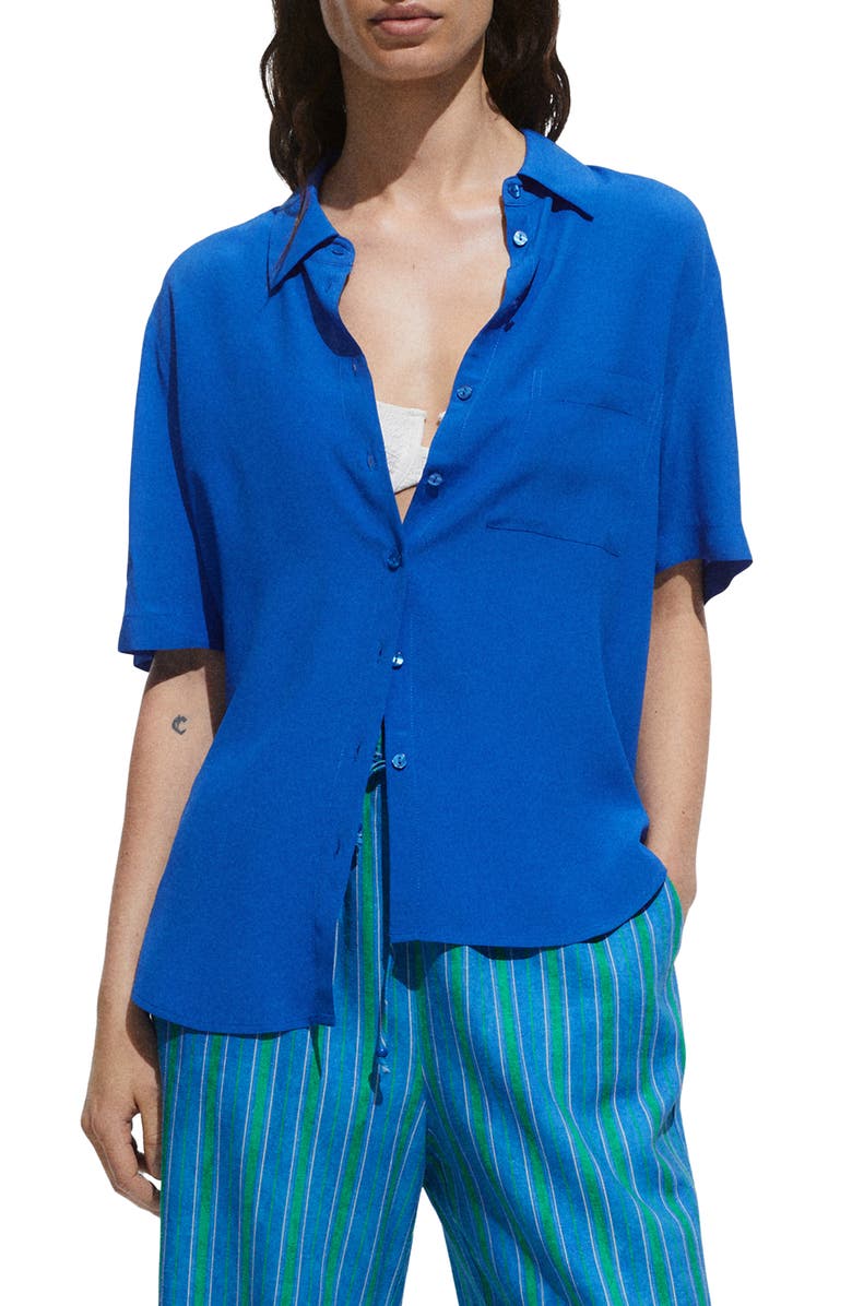MANGO Woven Short Sleeve Button-Up Shirt, Main, color, Blue