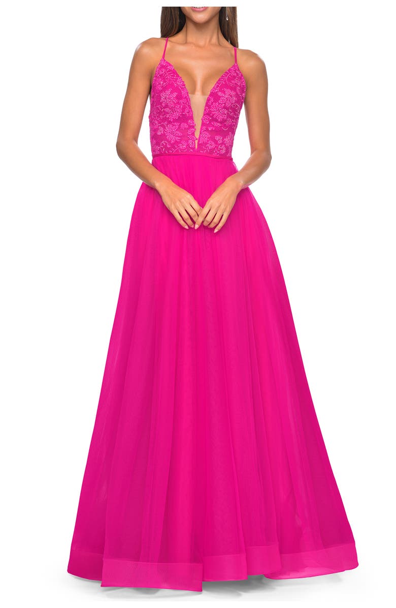 La Femme Illusion Lace Bodice A-Line Tulle Prom Dress with Slit, Alternate, color, Hot Fuchsia