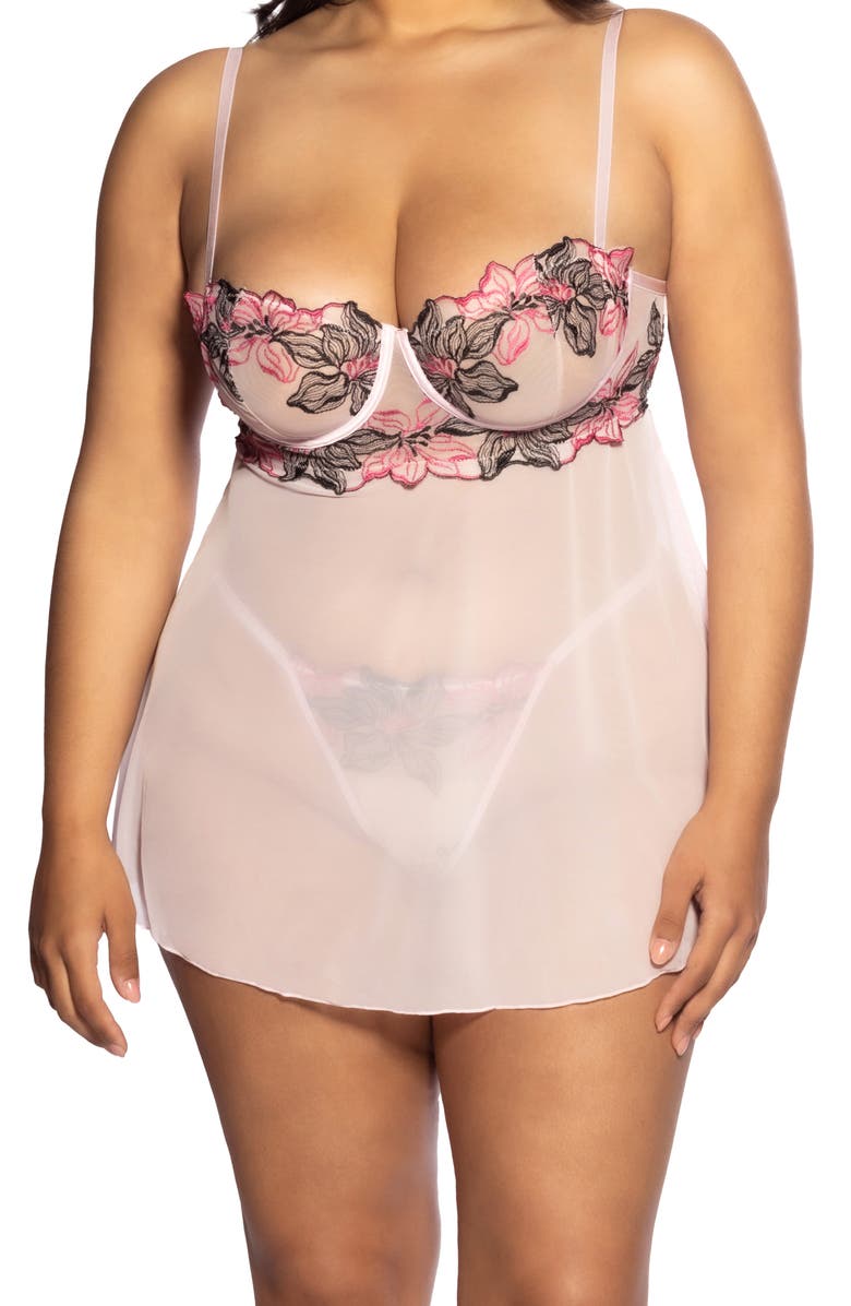 Oh La La Cheri Audra Embroidered Underwire Mesh Babydoll Chemise & G-String Set, Main, color, 