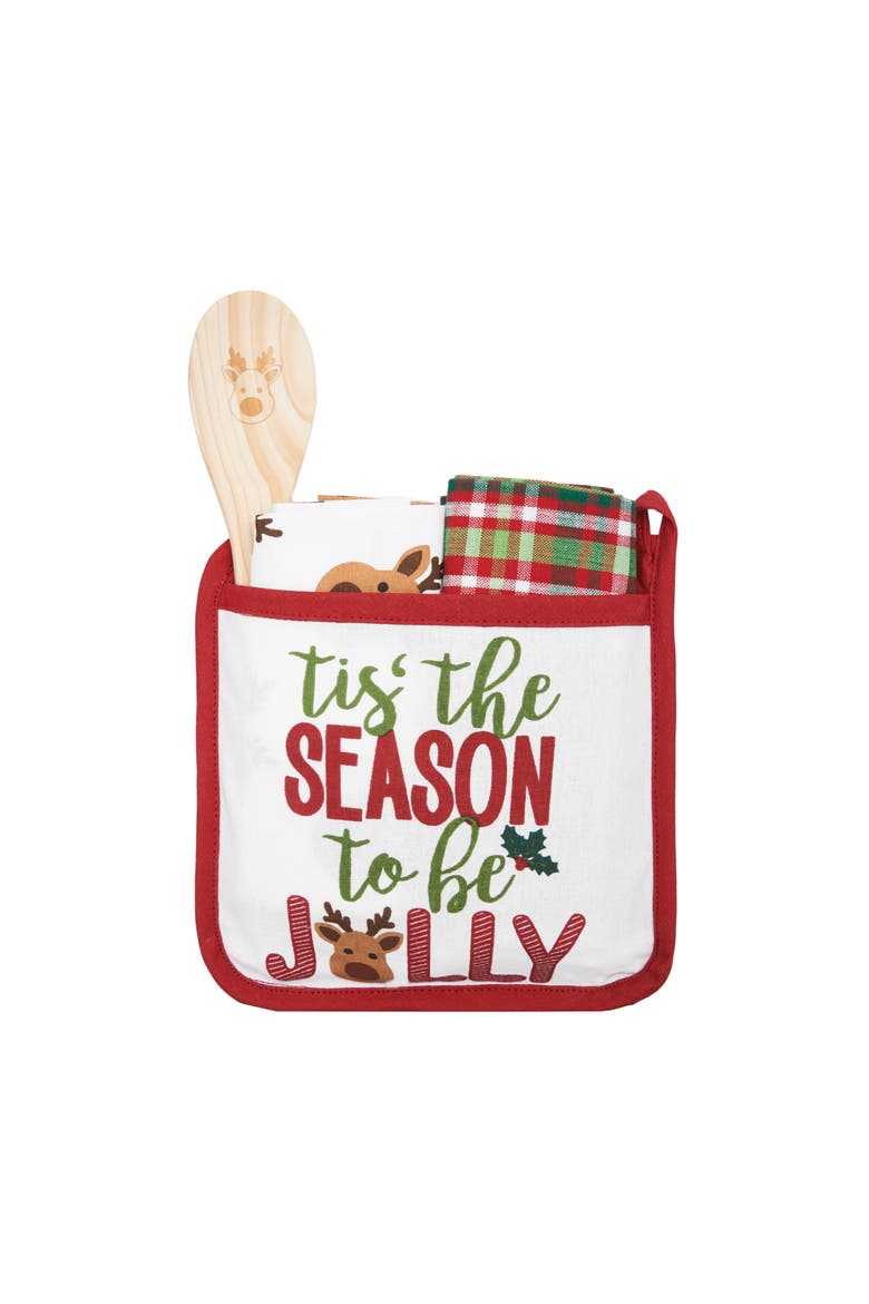 "Tis the Season To Be Jolly" Christmas Reindeer Potholder Gift Set of 4, Main, color, Red