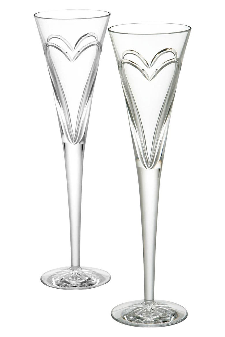 'Wishes Love & Romance' Lead Crystal Champagne Flutes, Main, color, CLEAR
