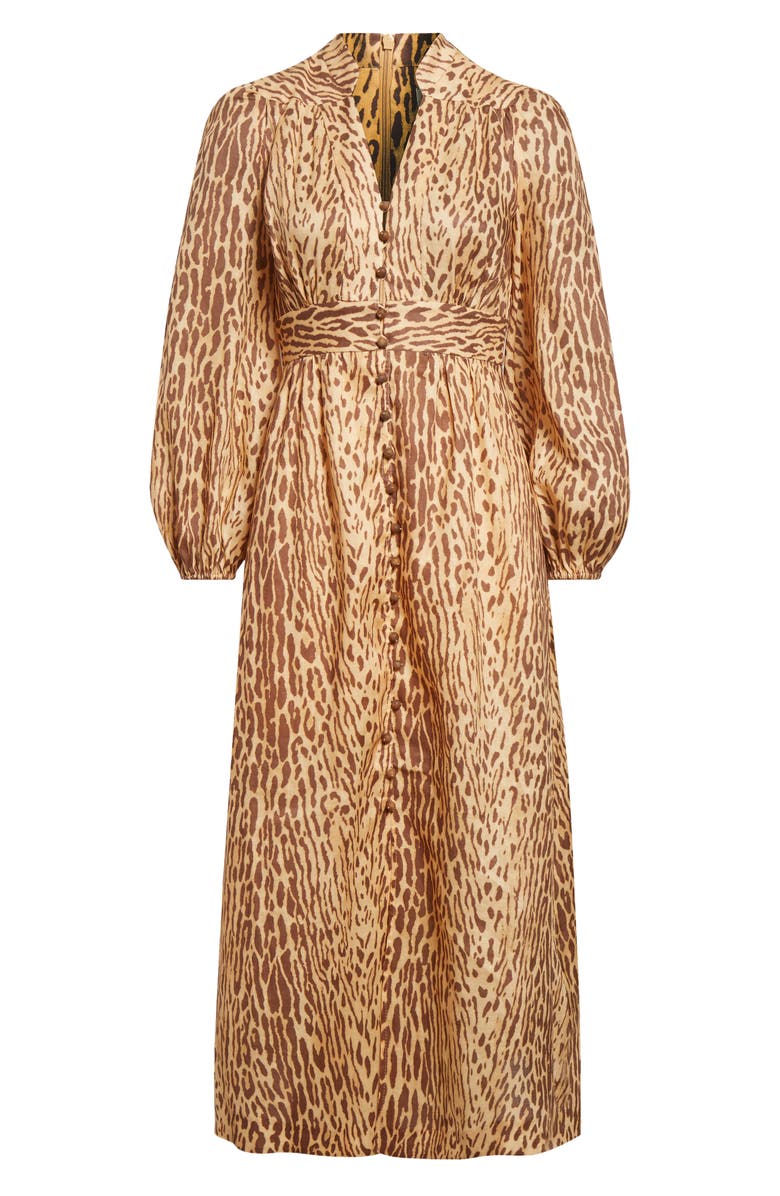Zimmermann Cascadian Leopard Print Long Sleeve Linen Midi Dress, Alternate, color, Tan Leopard
