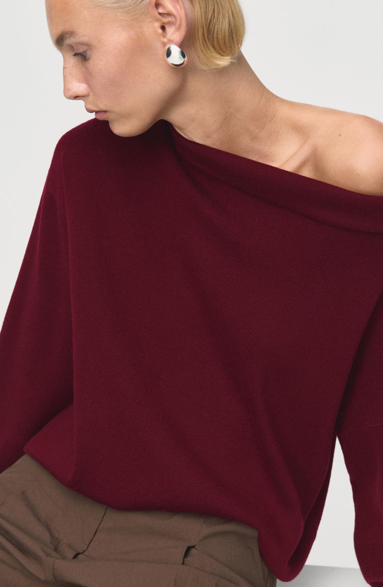 MANGO Ruched Off the Shoulder Sweater, Alternate, color, Maroon