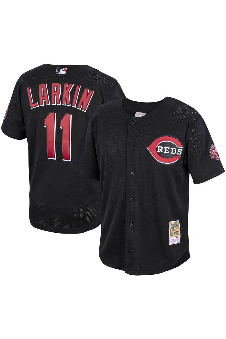 Men's Mitchell & Ness Barry Larkin Black Cincinnati Reds Cooperstown Collection Mesh Batting Practice Button-Up Jersey, Main, color, Black