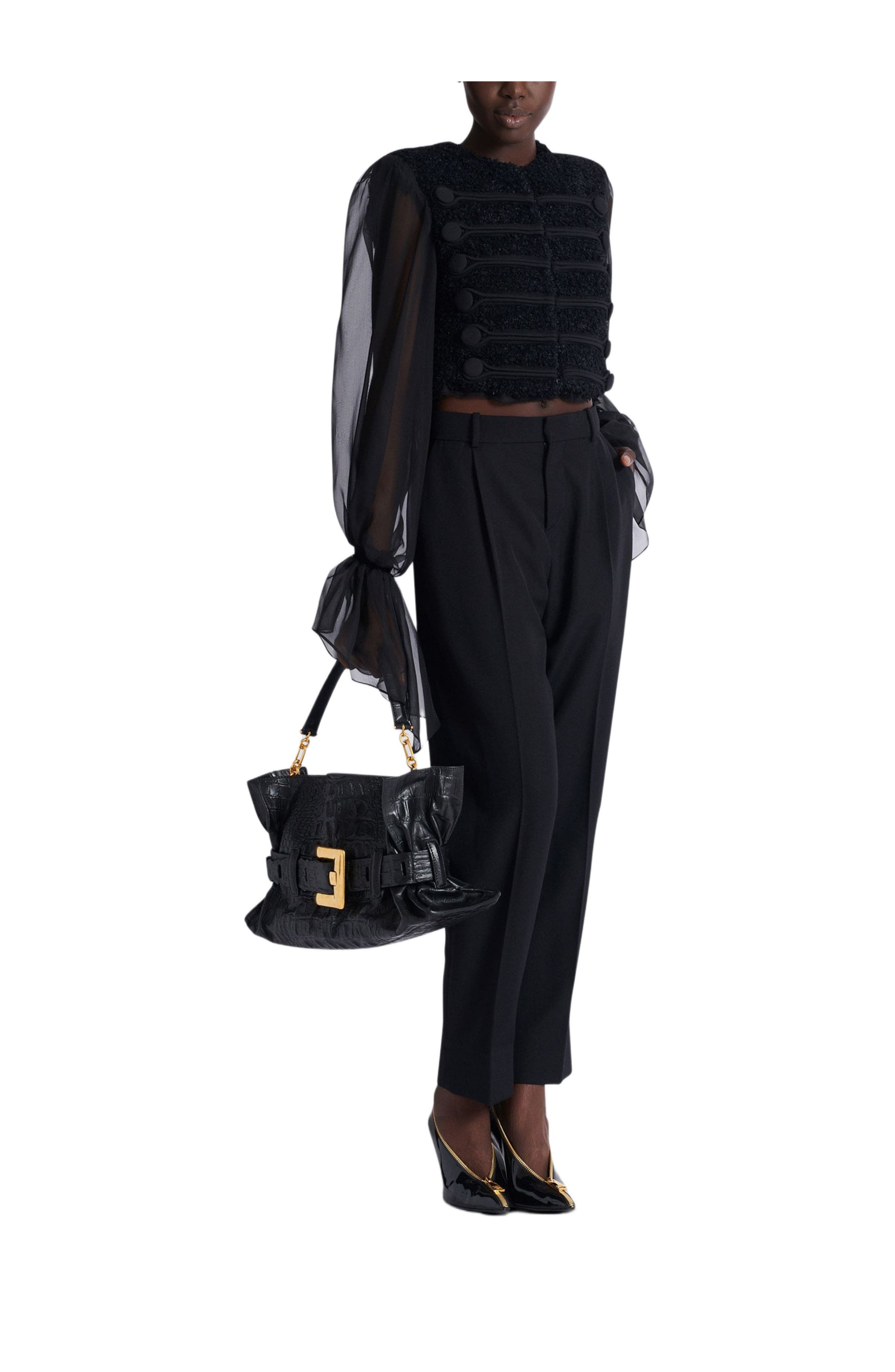 Balmain Medium Anthem bag in embossed crocodile-print calfskin, Alternate, color, 