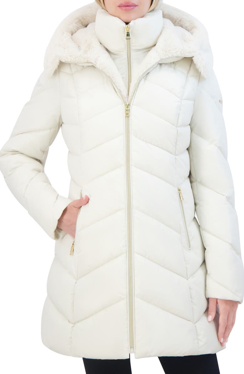 Laundry by Shelli Segal Faux Fur Trim Bibbed Puffer Jacket, Main, color, Cream