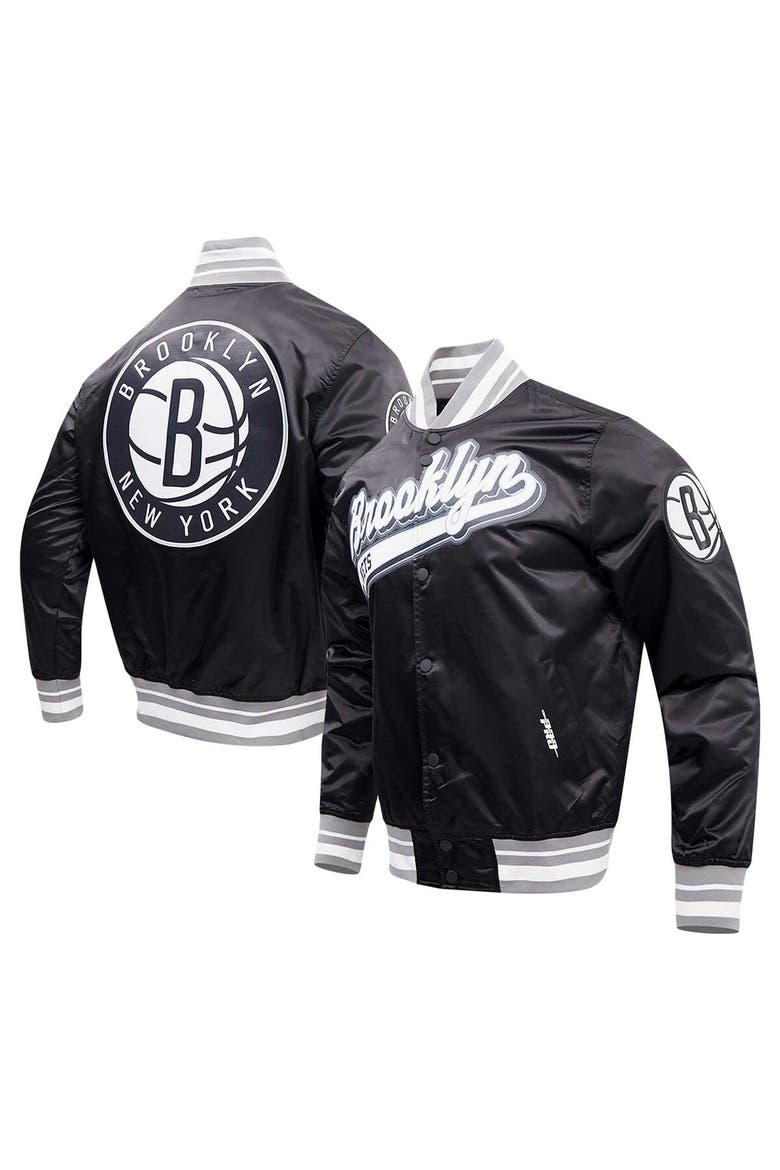 Men's Pro Standard Black Brooklyn Nets Script Tail Full-Snap Satin Varsity Jacket, Main, color, Black