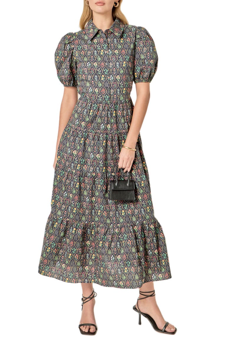 Floral Tiered Cotton Shirtdress, Main, color, NAVY FLORAL