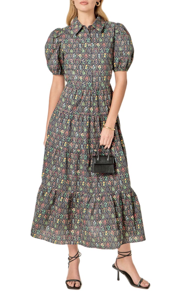 English Factory Floral Tiered Cotton Shirtdress, Main, color, Navy Floral